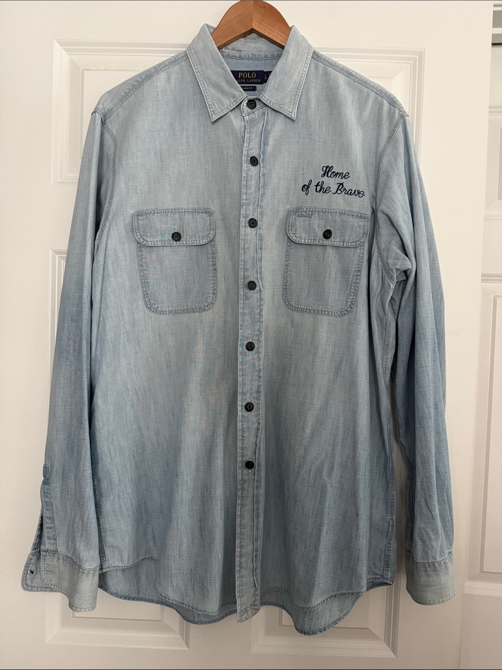 Vintage Polo Ralph Lauren Home Of The Brave Denim Shirt Embroidered Large Unisex - Picture 3 of 16